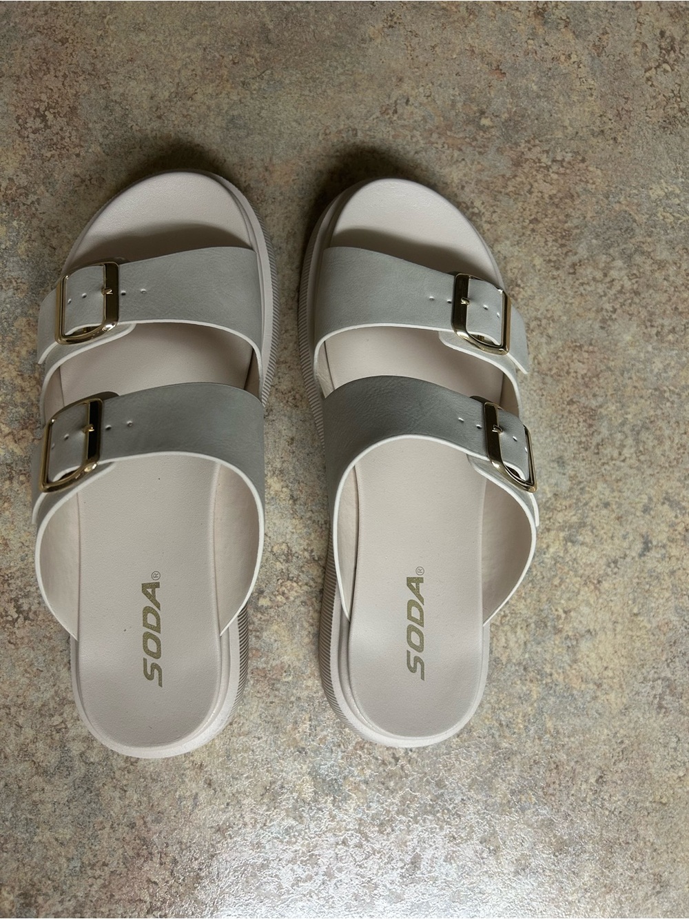 Soda Double Buckle Slide Sandals in Light Beige with Gold Buckles